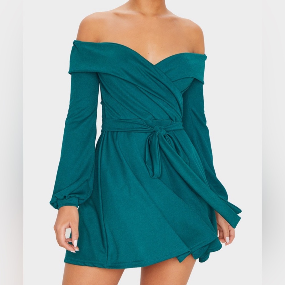 NEW Emerald Long Sleeve Wrap Bardot Skater Dress Size 8 Mini Winter Dress